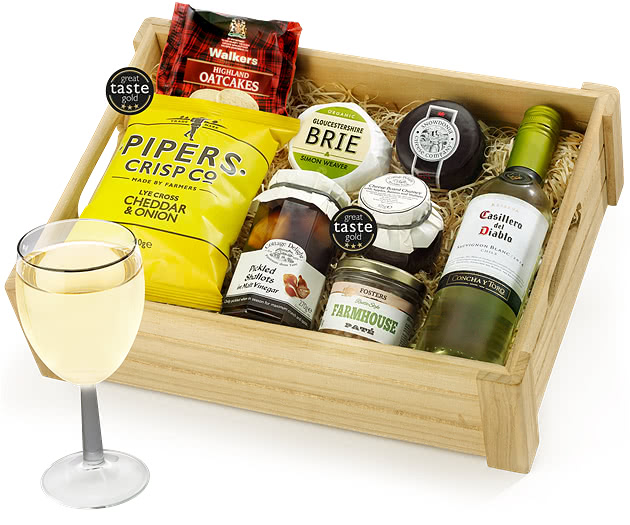 Ploughman's Choice in Wooden Crate With White Wine